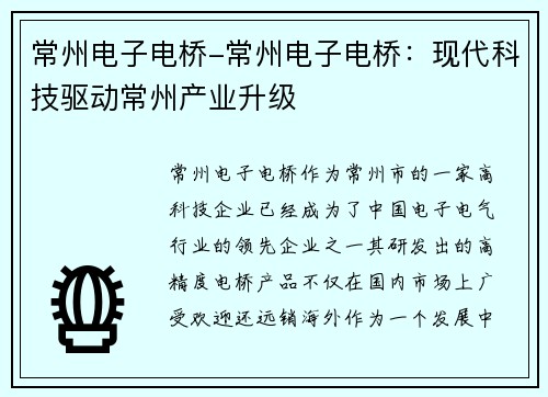 常州电子电桥-常州电子电桥：现代科技驱动常州产业升级